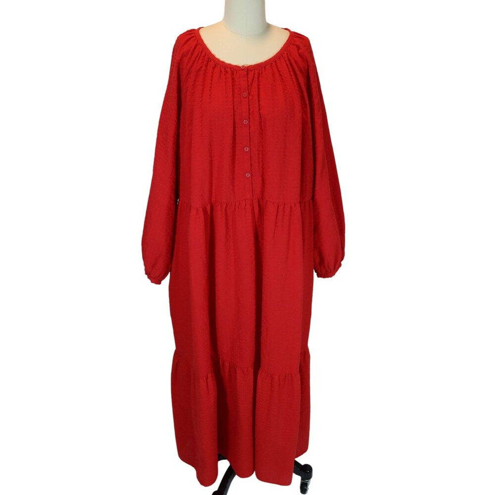 OLD NAVY Long Sleeve Tiered Maxi Dress 2X. Red Modest Textured Boho Peasant